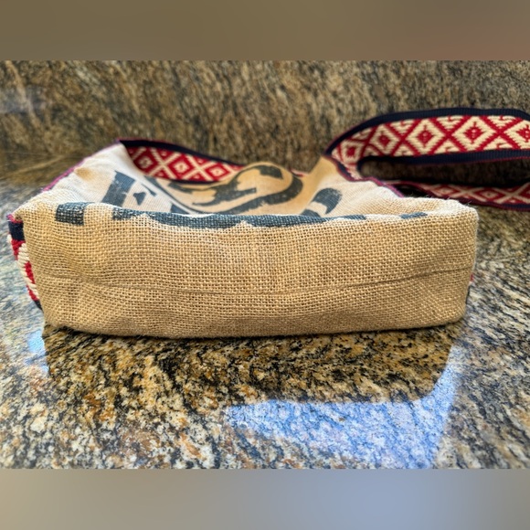 TORY BURCH x FEED Holt Renfrew Burlap Crossbody Bag RARE Red Strap - Picture 2 of 7